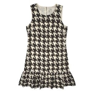 J. Crew Women Silk Houndstooth Flounce Dress 4 Brown Ivory Sleeveless Ruffle